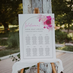 Hot pink floral seating chart template, blush bubblegum pink seating chart, fuchsia magenta summer bridal shower seating chart #212