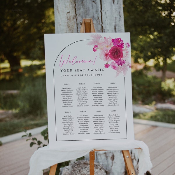 Hot pink floral seating chart template, blush bubblegum pink seating chart, fuchsia magenta summer bridal shower seating chart #212