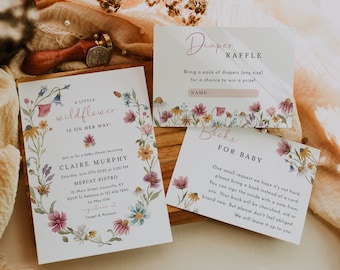 Little wildflower baby shower invitation set template, bright floral baby shower invites set, spring wildflowers meadow flower field #162