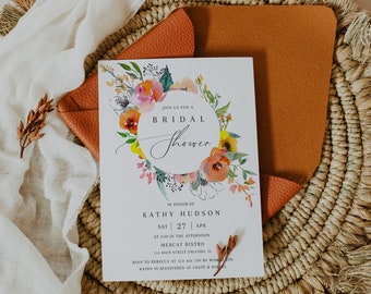 Summer bridal shower invitation template, colorful bright floral bridal shower invites spring vibrant coral orange blush pink yellow #093-7a