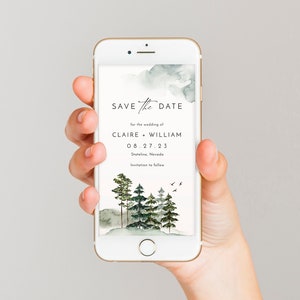 Pine tree save the date electronic invitation template, rustic digital save the date, forest mountain text message, phone, sms, email #105
