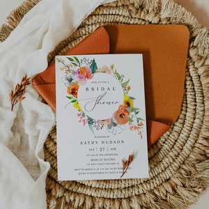 Summer bridal shower invitation template, colorful bright floral bridal shower invites spring vibrant coral orange blush pink yellow 093-7a image 1