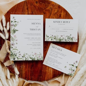 Wildflowers wedding invitation set template, blush floral greenery wedding invites, flower field wildflower garden enchanted midsummer #170