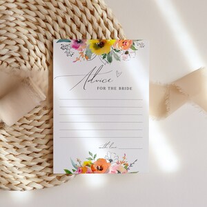 Editable advice card template, bright floral advice for the bride, orange advice cards wedding, summer bridal shower wish card #093-85