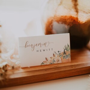 Fall wedding place cards template, pumpkin place cards printable, orange florals and greenery wedding escort cards, seating cards #120