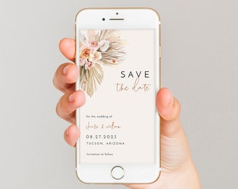 Boho digital save the date template, dried palm pampas grass electronic save the date, orange floral rust phone digital invitations #107