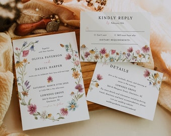 Wildflower wedding invitation set template, bright floral wedding suite, spring summer wildflowers boho rustic wedding invitations #162