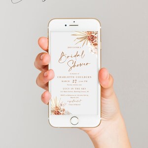 Rust bridal shower invites for phone, boho electronic bridal shower invitation template, text invite, burnt orange floral dried palm #141
