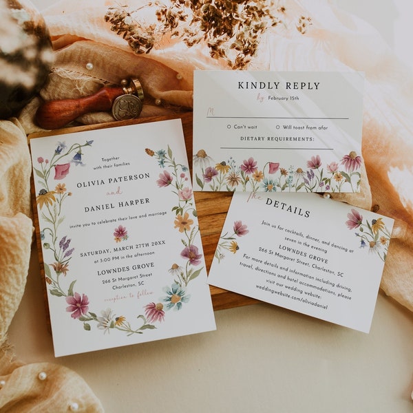 Wildflower wedding invitation set template, bright floral wedding suite, spring summer wildflowers boho rustic wedding invitations #162