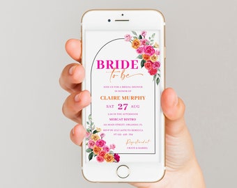 May include: A pink and gold bridal shower invitation with floral accents. The invitation reads "Bride to be" and includes the details for Claire Murphy's bridal shower on August 27th at 3:00 PM at Mercat Bistro in Orlando, Florida. RSVP by July 20th to Rebecca at 123-456-789.