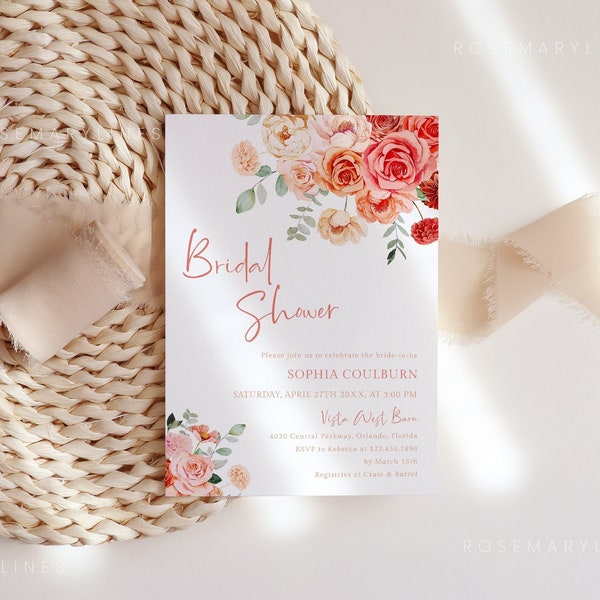 Coral bridal shower invitation template, orange peach floral bridal shower invites, bright vibrant salmon pink blush greenery #123