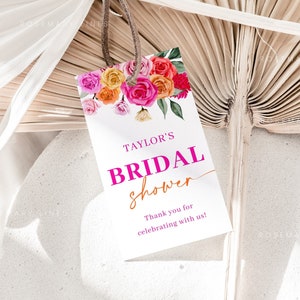 Pink orange bridal shower favor tag template, hot pink floral thank you tags, bold vibrant blush fuchsia favor tags, magenta summer #202