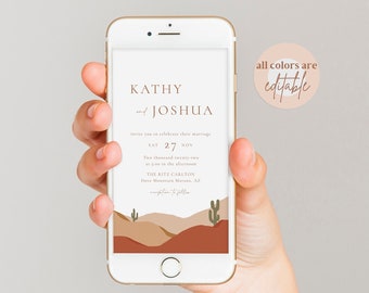 Modern desert wedding invitation digital, abstract mountain electronic invitation template for phone, cactus, boho terracotta e invite #097