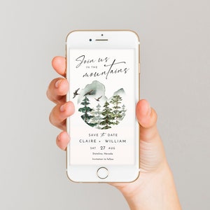 Pine electronic save the date template, mountain save the date e invite, winter save the date digital invitations for texts sms phone #105