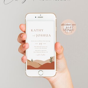 Modern desert wedding invitation digital, abstract mountain electronic invitation template for phone, cactus, boho terracotta e invite #097