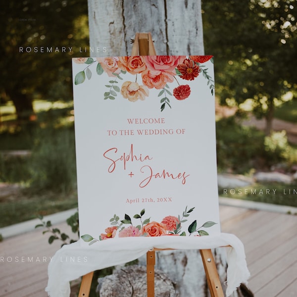 Coral wedding welcome sign template, vibrant orange peach floral welcome sign, salmon pink welcome wedding sign, red blush greenery #123