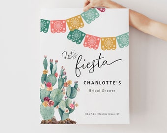 Fiesta bridal shower welcome sign, Mexican shower, cactus welcome sign template, cinco de mayo, desert bright floral shower poster #144-65