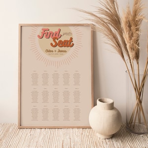 Retro wedding seating chart, 70&#39;s seating chart template, sunburst boho table seating chart, vintage 1970s neon peach pink burnt orange #147