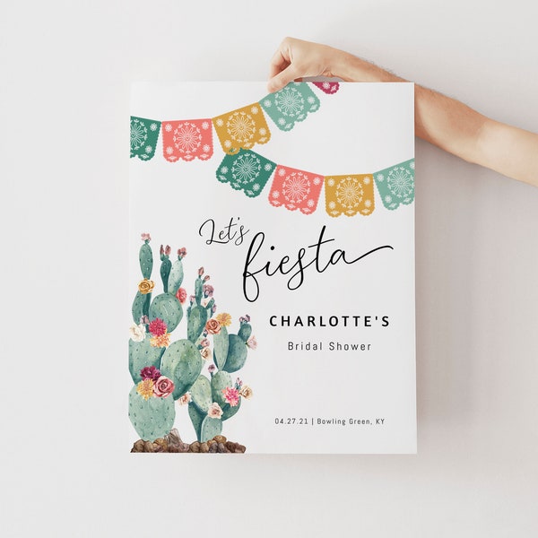 Fiesta bridal shower welcome sign, Mexican shower, cactus welcome sign template, cinco de mayo, desert bright floral shower poster #144-65