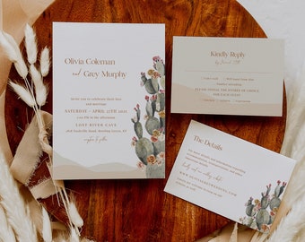 Desert wedding invitation template, cactus wedding invites set, earthy burnt orange mustard rust muted floral wedding suite #145-5