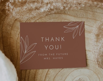 Terracotta rust boho bridal shower thank you card template, burnt orange thank you cards, minimal leaves wedding thank you cards #111-12