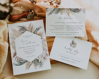 Tropical bohemian wedding invitation set template, beach boho wedding invites, pampas grass dried palm leaf wedding invitations #108