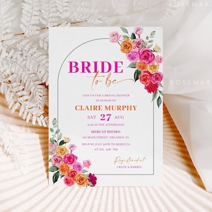 Pink orange bridal shower invitation, hot pink floral bridal shower template, bold vibrant fuchsia magenta summer printable shower card #202