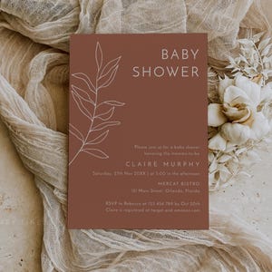 Terracotta boho baby shower invitation template, fall baby shower invites, minimal autumn leaves gender neutral burnt orange earthy #111