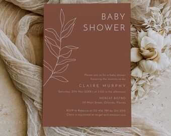 Terracotta boho baby shower invitation template, fall baby shower invites, minimal autumn leaves gender neutral burnt orange earthy #111