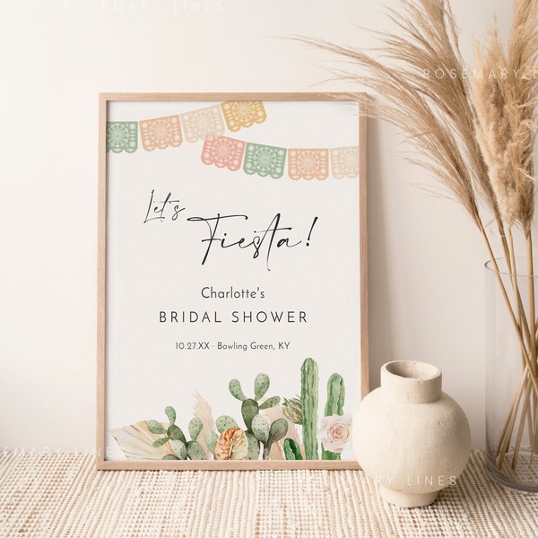 Fiesta welcome sign template, cactus bridal shower welcome sign, pampas grass dried palm desert bridal shower poster, Mexican shower #180