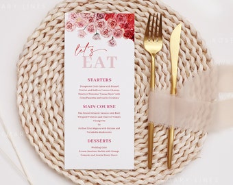 Pink and red menu template, floral wedding menu, hot pink menu card template, red pink menu cards, printable bold neon fuchsia menu #171