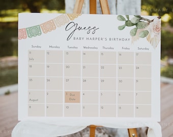 Fiesta baby shower due date calendar template, cactus guess the due date Mexican baby's birthday blush boho pastel dried palm pampas #180