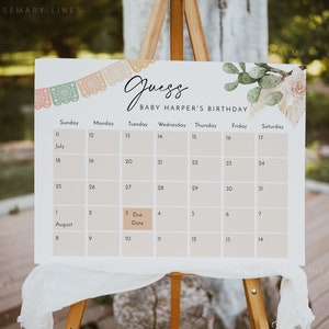 Fiesta baby shower due date calendar template, cactus guess the due date Mexican baby's birthday blush boho pastel dried palm pampas #180