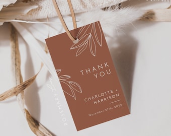 Terracotta wedding favor tags, minimal thank you tags template, desert gift tag template, minimal leaves printable tags, boho favor tag #111