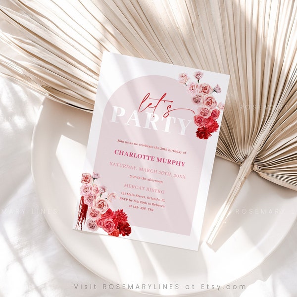 Red and pink birthday invitation template, hot pink flowers birthday invites, fuchsia ombre red pink floral girl women adult invites #171