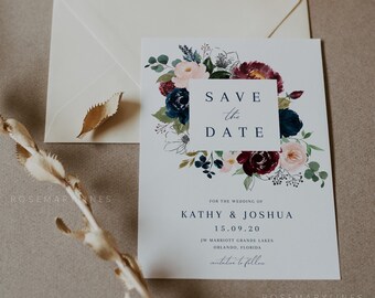 Burgundy navy save the date template, marsala save the date, blush peony save the dates, boho save the date cards, winter fall floral #092