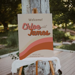 Groovy retro wedding welcome sign template, 70s welcome signs, pink peach terracotta boho wedding signs printable, 1970s wedding #147-19