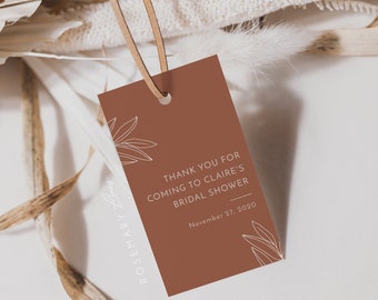 Burnt orange boho favor tag template, minimal leaves bridal shower tag, teracotta minimal gift tag template, desert thank you tags #111-14B