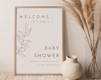 Terracotta baby shower welcome sign template, fall boho welcome sign, minimal leaves baby shower signs, burnt orange printable signs #111