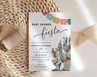 Fiesta baby shower invitation template, cactus baby shower invites, Mexican, cinco de mayo, desert bright vibrant colorful floral #144