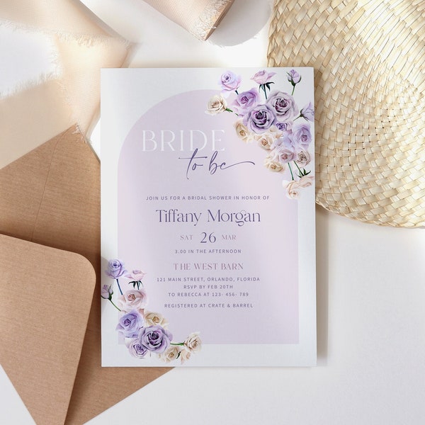 Dusty purple bridal shower invitation template, purple floral bridal shower invites, lilac rose modern arch boho beige cream violet #197