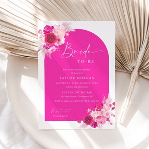 Hot pink bridal shower invitation template, blush bubblegum pink floral bridal shower invites, fuchsia magenta summer bridal shower #212