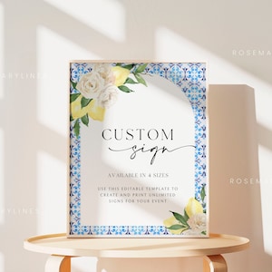 Italian blue tiles lemon custom sign template, citrus floral wedding signs, Mediterranean Positano bridal shower sign, personalized #118