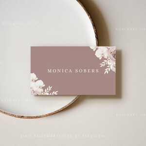 Boho mauve place card template, dusty rose place cards, blush purple wedding name cards, muted dried floral earthy dusty pink orchid #153