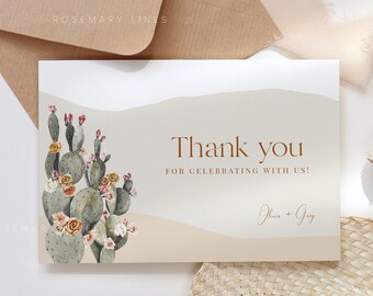 Desert thank you card template, cactus wedding thank you cards, earthy burnt orange mustard rust terracotta muted floral prickly pear #145