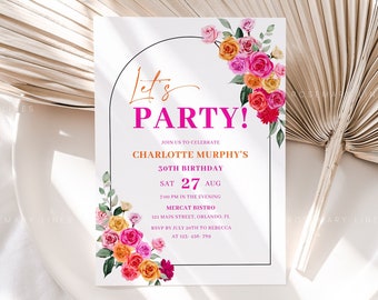 Pink orange birthday invitation for women, hot pink floral birthday invitation template, vibrant blush fuchsia magenta yellow summer #202