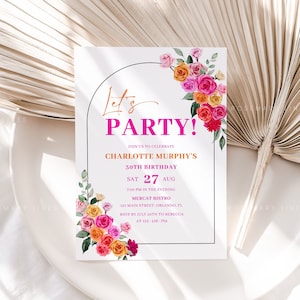 Pink orange birthday invitation for women, hot pink floral birthday invitation template, vibrant blush fuchsia magenta yellow summer #202