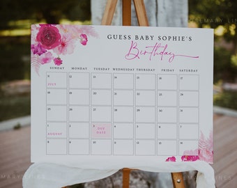 Hot pink baby shower due date calendar template, pink floral guess baby's birthday, fuchsia due date game blush pink bubblegum magenta #212