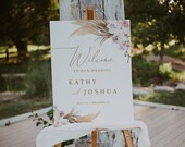 Pampas grass welcome sign wedding, dried palm wedding welcome sign template, boho wedding signs, orchid dusty rose dried floral #091