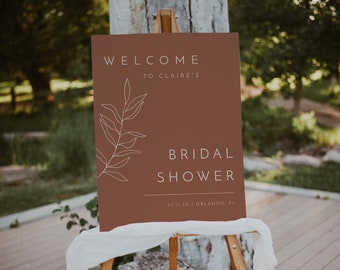 Terracotta boho bridal shower welcome sign template, minimal welcome sign, leaves bridal shower poster, burnt orange fall welcome sign #111